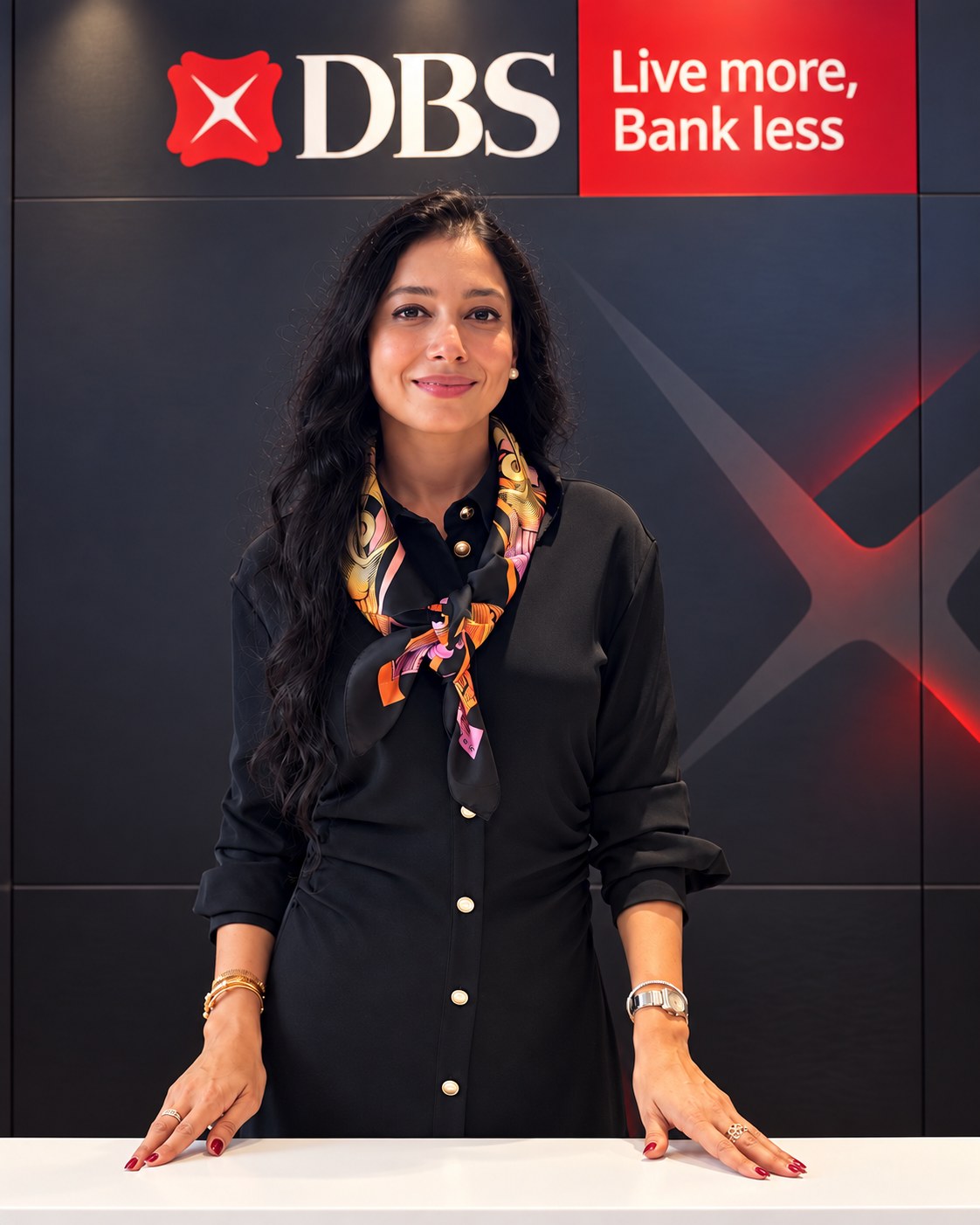 Shradha Gupta at a DBS event, standing behind a clear counter beneath the DBS logo